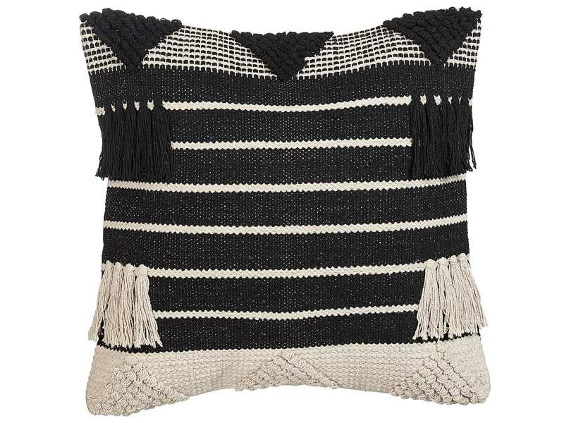 Scatter Cushion Beige and Black Cotton 50 x 50 cm Geometric Pattern Tassels Handwoven Removable Cover with Filling Beliani