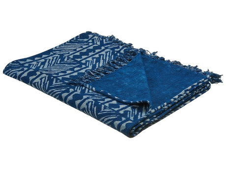 Cotton Blanket Navy Blue  130 x 180 cm Bed Throw Geometric Pattern African Print Bedroom Living Room Beliani