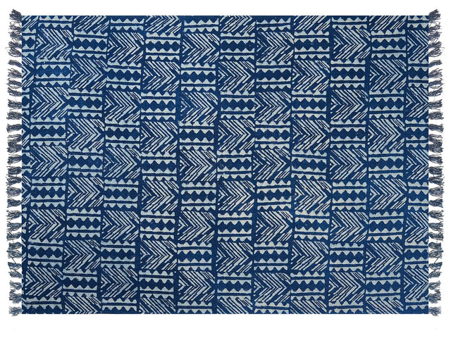 Cotton Blanket Navy Blue  130 x 180 cm Bed Throw Geometric Pattern African Print Bedroom Living Room Beliani