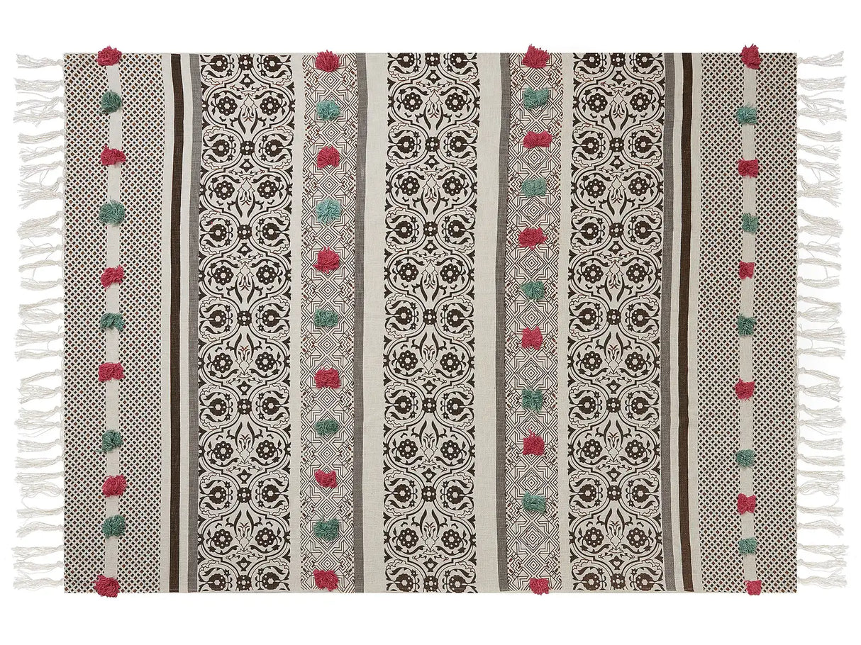 Blanket Brown Beige Cotton 130 x 180 cm Floral Pattern Knitted Throw Pom Poms Living Room Bedroom Accent Piece Beliani