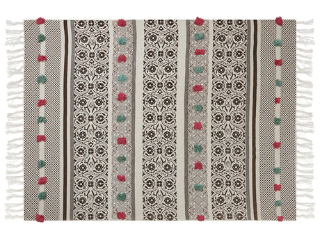 Blanket Brown Beige Cotton 130 x 180 cm Floral Pattern Knitted Throw Pom Poms Living Room Bedroom Accent Piece Beliani