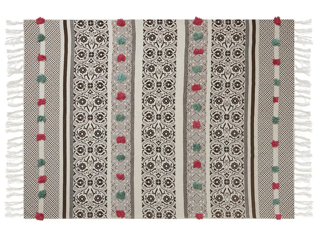 Blanket Brown Beige Cotton 130 x 180 cm Floral Pattern Knitted Throw Pom Poms Living Room Bedroom Accent Piece Beliani