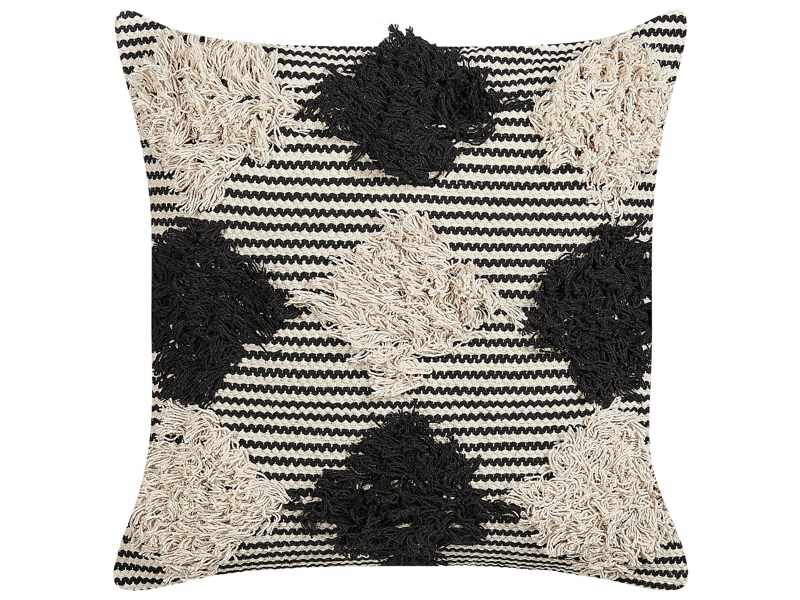 Scatter Cushion Beige and Black Cotton 50 x 50 cm Geometric Pattern Handwoven Removable Cover with Filling Beliani