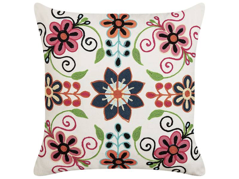 Scatter Cushion Multicolour Cotton Wool 50 x 50 cm Flower Pattern Handmade Embroidered Removable Cover with Filling Boho Style Beliani