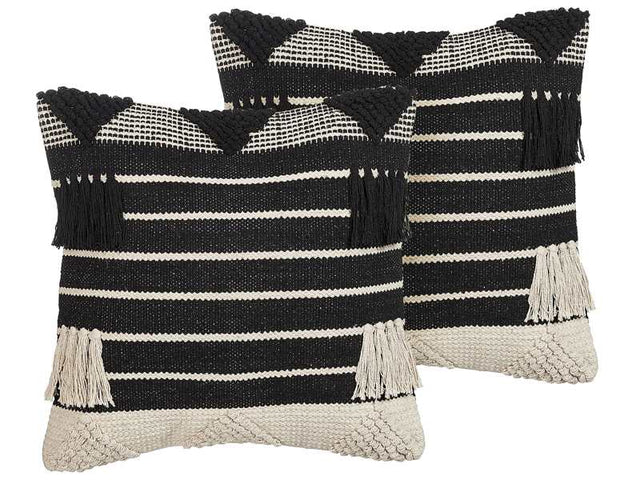 Set of 2 Scatter Cushions Beige and Black Cotton 50 x 50 cm Geometric Pattern Tassels Handwoven Removable Cover with Filling Beliani