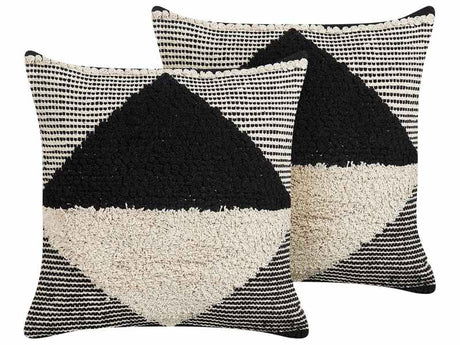 Set of 2 Scatter Cushions Beige and Black Cotton 50 x 50 cm Geometric Pattern Handwoven Removable Cover with Filling Beliani