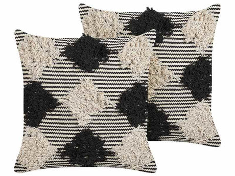 Set of 2 Scatter Cushions Beige and Black Cotton 50 x 50 cm Geometric Pattern Handwoven Removable Cover with Filling Beliani