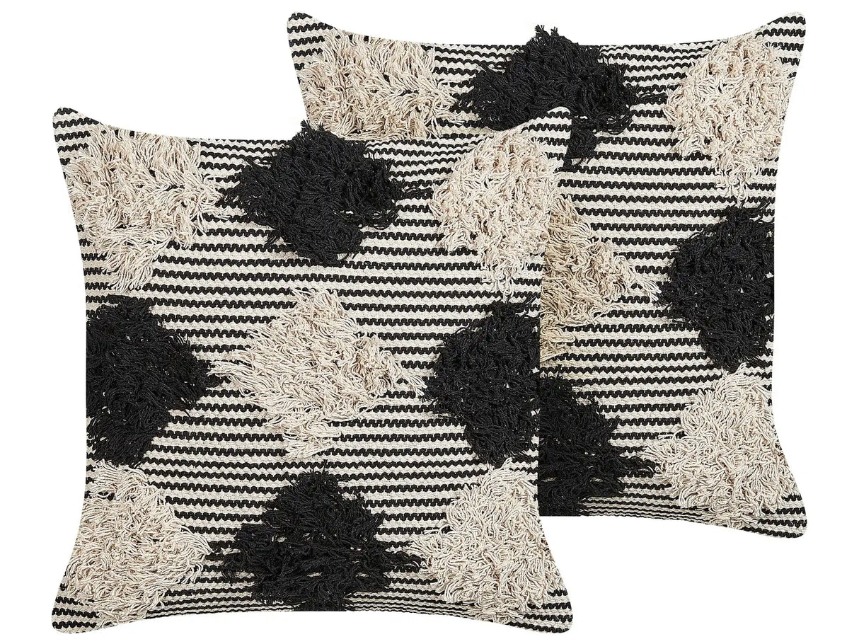 Set of 2 Scatter Cushions Beige and Black Cotton 50 x 50 cm Geometric Pattern Handwoven Removable Cover with Filling Beliani