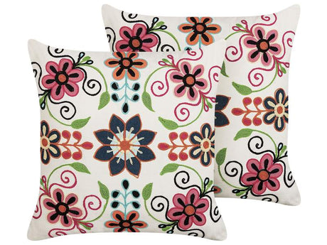 Set of 2 Scatter Cushions Multicolour Cotton Wool 50 x 50 cm Flower Pattern Handmade Embroidered Removable Cover with Filling Boho Style Beliani