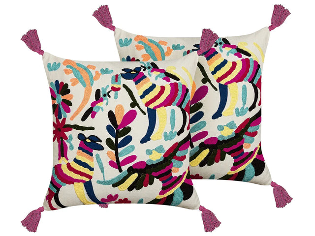 Set of 2 Scatter Cushions Multicolour Cotton Wool 50 x 50 cm Animal Motif Handmade Embroidered Removable Cover with Filling Boho Style Beliani