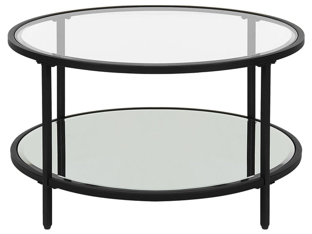 Coffee Table Black Tempered Glass Iron  70 cm with Mirrored Shelf Round Glam Modern Living Room Furniture Beliani