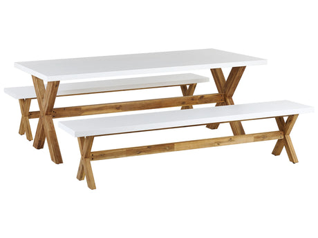 Outdoor Dining Set White Fibre Cement Light Acacia Wood 6 People Table 2 Benches Modern Design Beliani
