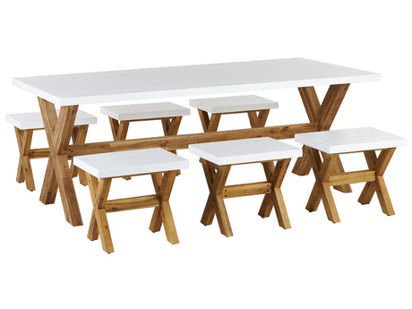 Outdoor Dining Set White Light Wood Fibre Cement For 6 People Table and Stools Modern Design Beliani