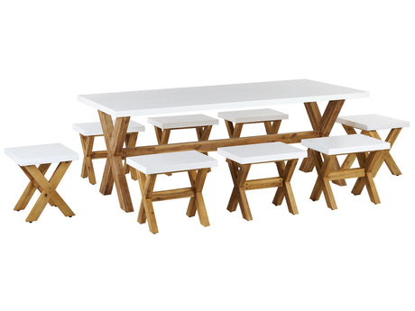 Outdoor Dining Set White Light Wood Fibre Cement For 8 People Table and Stools Modern Design Beliani