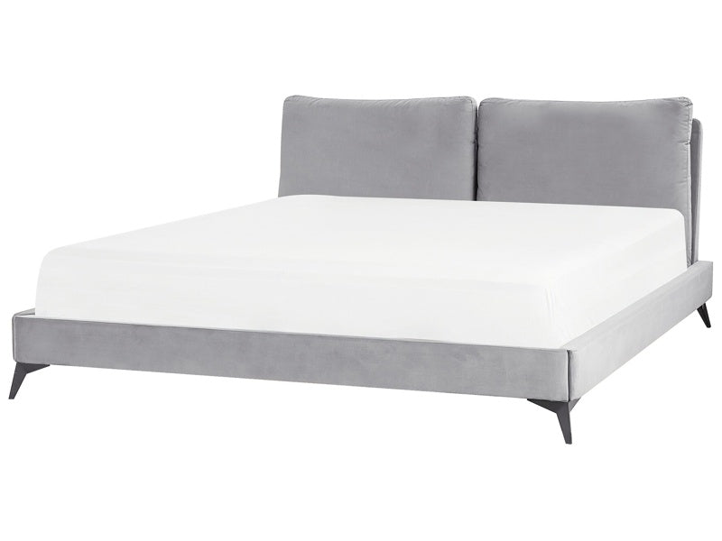 EU Super King Size Bed Grey Velvet Upholstery 6ft Slatted Base with Thick Padded Headboard with Cushions Beliani