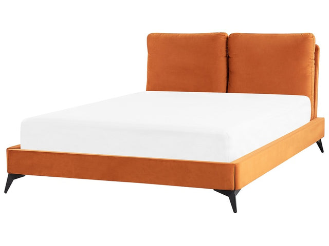 EU Double Size Bed Orange Velvet Upholstery 4ft6 Slatted Base with Thick Padded Headboard with Cushions Beliani