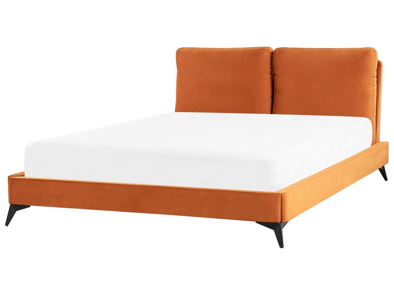 EU King Size Bed Orange Velvet Upholstery 5ft3 Slatted Base with Thick Padded Headboard with Cushions Beliani