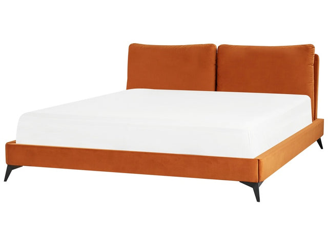 EU Super King Size Bed Orange Velvet Upholstery 6ft Slatted Base with Thick Padded Headboard with Cushions Beliani