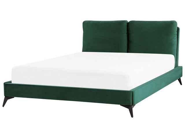 EU Double Size Bed Green Velvet Upholstery 4ft6 Slatted Base with Thick Padded Headboard with Cushions Beliani