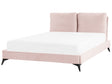 EU Double Size Bed Pink Velvet Upholstery 4ft6 Slatted Base with Thick Padded Headboard with Cushions Beliani