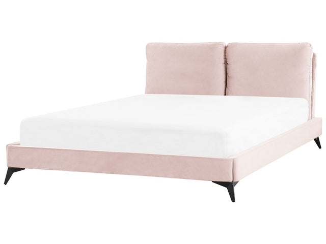 EU King Size Bed Pink Velvet Upholstery 5ft3 Slatted Base with Thick Padded Headboard with Cushions Beliani