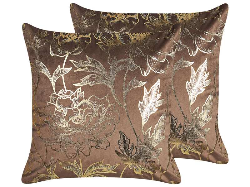 Set of 2 Decorative Cushions Brown Velvet 45 x 45 cm Gold Floral Foil Print Glamour Decor Accessories Beliani