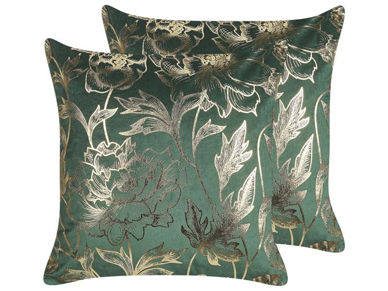 Set of 2 Decorative Cushions Green Velvet 45 x 45 cm Gold Floral Foil Print Glamour Decor Accessories Beliani