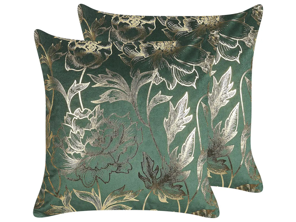 Set of 2 Decorative Cushions Green Velvet 45 x 45 cm Gold Floral Foil Print Glamour Decor Accessories Beliani