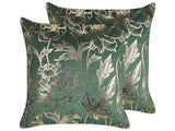 Set of 2 Decorative Cushions Green Velvet 45 x 45 cm Gold Floral Foil Print Glamour Decor Accessories Beliani
