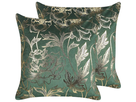 Set of 2 Decorative Cushions Green Velvet 45 x 45 cm Gold Floral Foil Print Glamour Decor Accessories Beliani