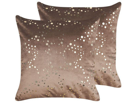 Set of 2 Decorative Cushions Brown Velvet 45 x 45 cm Gold Dots Foil Print Glamour Decor Accessories Beliani