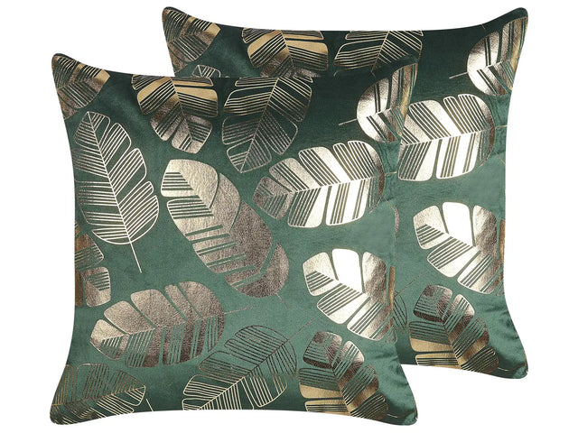 Set of 2 Decorative Cushions Green Velvet 45 x 45 cm Gold Leaf Foil Print Glamour Decor Accessories Beliani