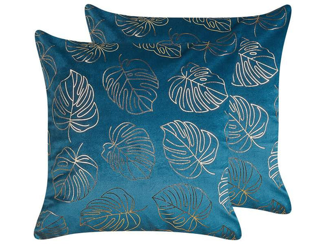 Set of 2 Decorative Cushions Blue Velvet 45 x 45 cm Leaf Print Glamour Decor Accessories Beliani