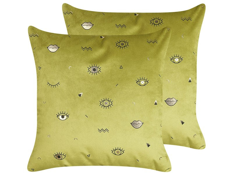 Set of 2 Decorative Cushions Olive Green Velvet 45 x 45 cm Eye Motif Glamour Decor Accessories Beliani