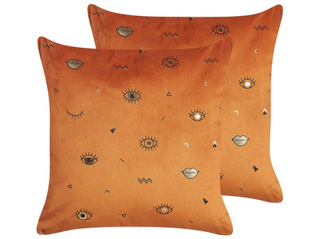 Set of 2 Decorative Cushions Orange Velvet 45 x 45 cm Eye Motif Glamour Decor Accessories Beliani