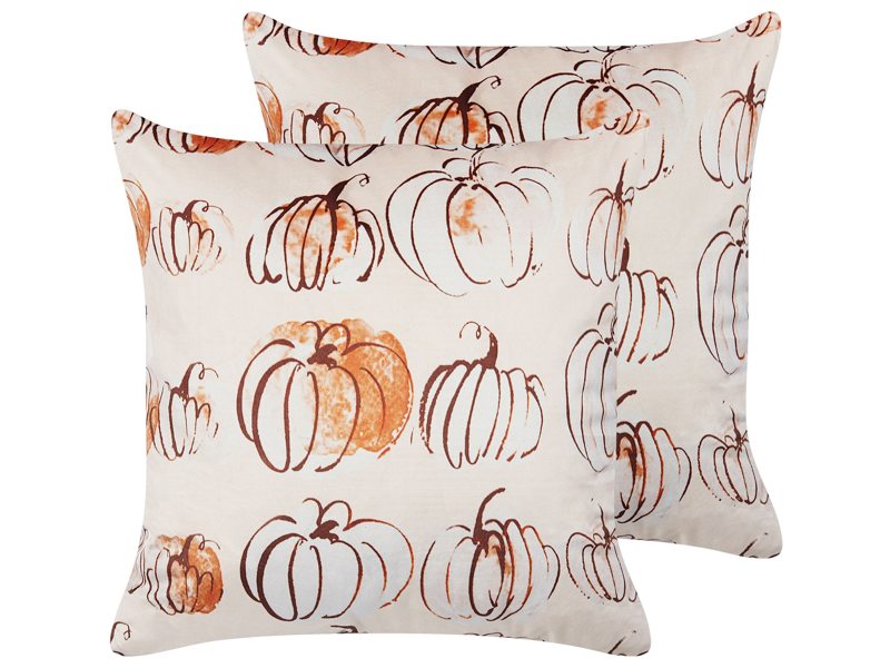 Set of 2 Decorative Cushions Beige Velvet 45 x 45 cm Pumpkin Pattern Square Modern Minimalist Autumn Decor Accessories Beliani