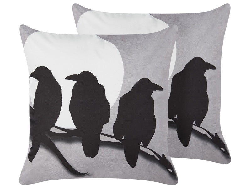 Set of 2 Decorative Cushions Grey Velvet 45 x 45 cm Crows Pattern Square Modern Minimalist Autumn Decor Accessories Beliani