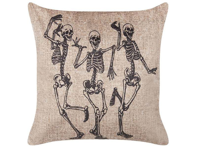 Decorative Cushion Beige Velvet 45 x 45 cm Skeleton Pattern Square Modern Halloween Decor Accessories Beliani