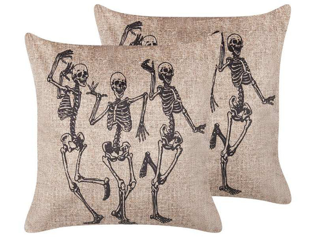 Set of 2 Decorative Cushions Beige Velvet 45 x 45 cm Skeleton Pattern Square Modern Halloween Decor Accessories Beliani