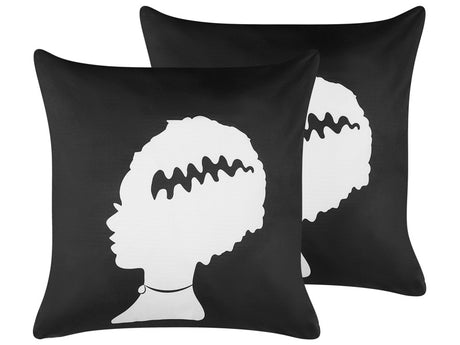 Set of 2 Decorative Cushions Black Velvet 45 x 45 cm Frankenstein Bride Pattern Square Halloween Accessories Decoration Beliani