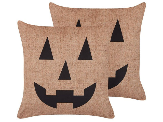 Set of 2 Decorative Cushions Beige Velvet 45 x 45 cm Jack-O-Lantern Pattern Square Modern Halloween Decor Accessories Beliani