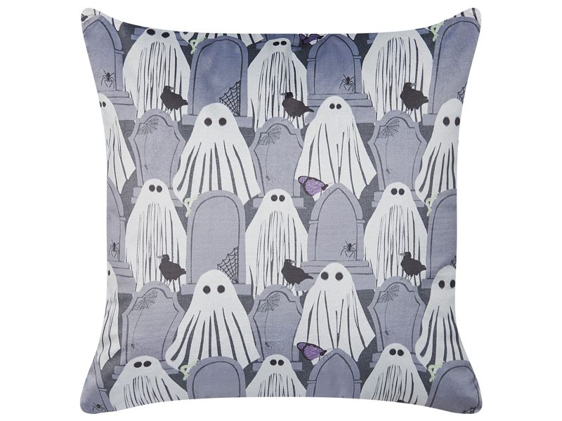 Decorative Cushion Grey Velvet 45 x 45 cm Ghost Pattern Square Modern Halloween Autumn Decor Accessories Beliani