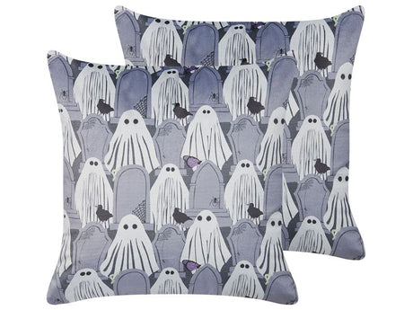 Set of 2 Decorative Cushions Grey Velvet 45 x 45 cm Ghost Pattern Square Modern Halloween Autumn Decor Accessories Beliani