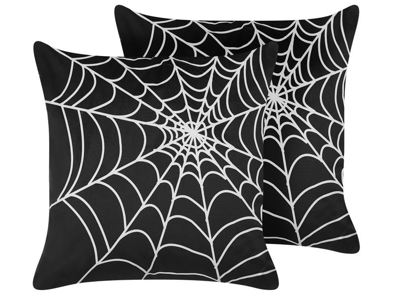 Set of 2 Decorative Cushions Black Velvet 45 x 45 cm Spider Web Pattern Square Modern Halloween Autumn Decor Accessories Beliani