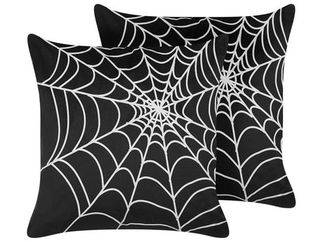 Set of 2 Decorative Cushions Black Velvet 45 x 45 cm Spider Web Pattern Square Modern Halloween Autumn Decor Accessories Beliani