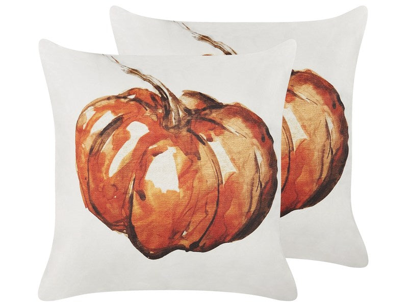 Set of 2 Decorative Cushions Beige Velvet 45 x 45 cm Pumpkin Pattern Square Modern Minimalist Autumn Decor Accessories Beliani