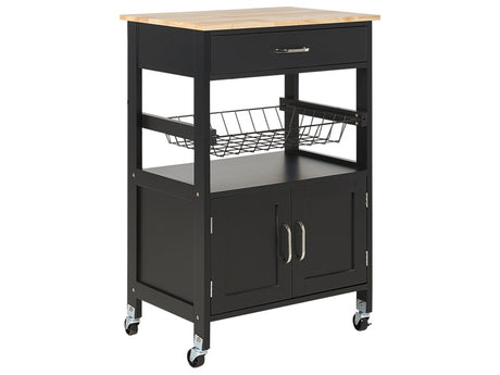 Kitchen Trolley Black Light Rubberwood Metal 58 x 40 x 90 cm 1 Drawer 1 Cabinet Rack Castors Living Room Kitchen Beliani