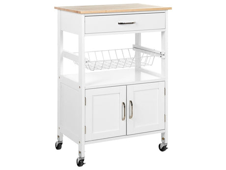 Kitchen Trolley White Light Rubberwood Metal 58 x 40 x 90 cm 1 Drawer 1 Cabinet Rack Castors Living Room Kitchen Beliani