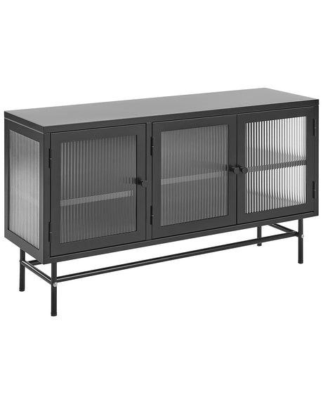 3 Door Sideboard Black Steel Fluted Tempered Glass Adjustable Shelves Leg Caps Living Room Furniture Modern Industrial Design Beliani