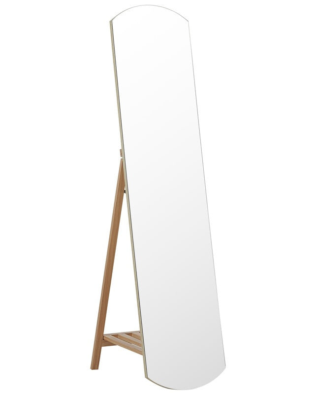 Standing Mirror Light Wood Glass MDF 50 x 150 cm with Shelf Stand Decorative Frame Modern Design  Beliani